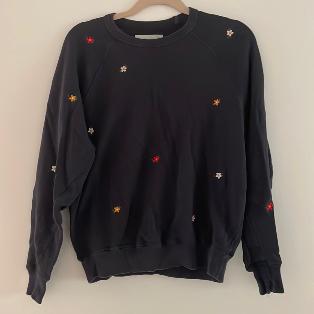 THE GREAT. Navy College Seed Floral Embroidery Sweatshirt, 0